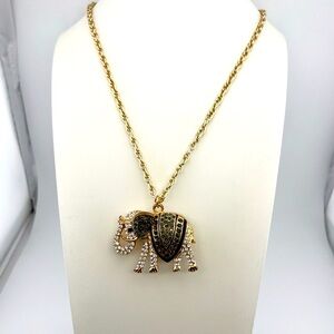 Elegant Gold Toned Rhinestone Elephant Pendant Statement Necklace